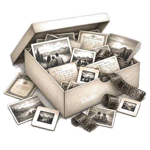 A shoebox full of old photos, slides, and documents