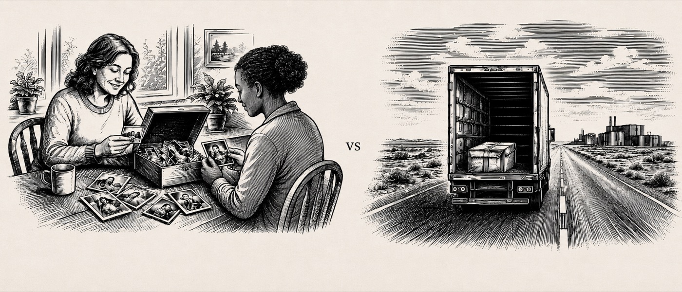 A neighbor and a Squirrel going through a shoebox of photos together at a kitchen table, versus a box of photos shipped away on a truck toward a distant warehouse