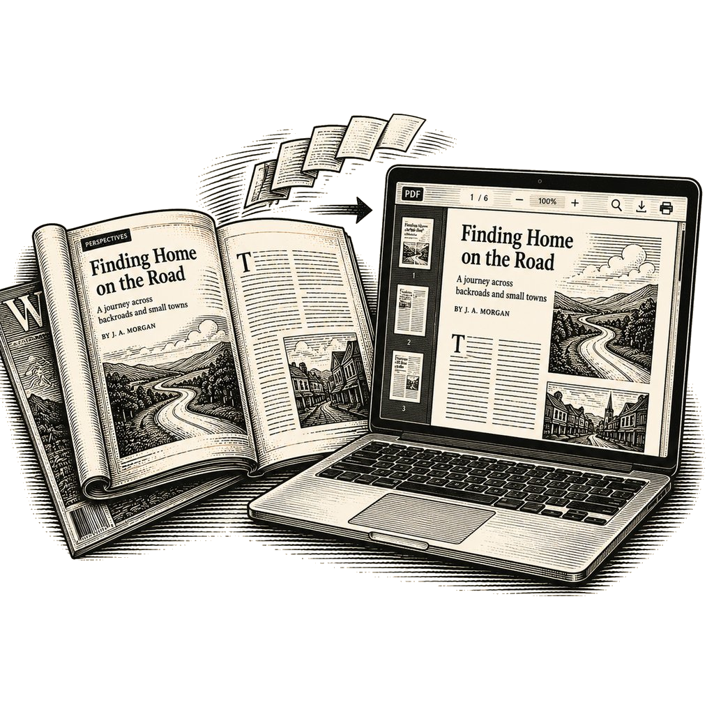A woodcut-style illustration of an open magazine being digitized into a clean article on a laptop screen