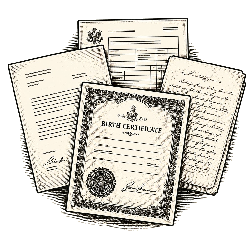 A woodcut-style illustration of a fanned stack of documents including a birth certificate and handwritten records