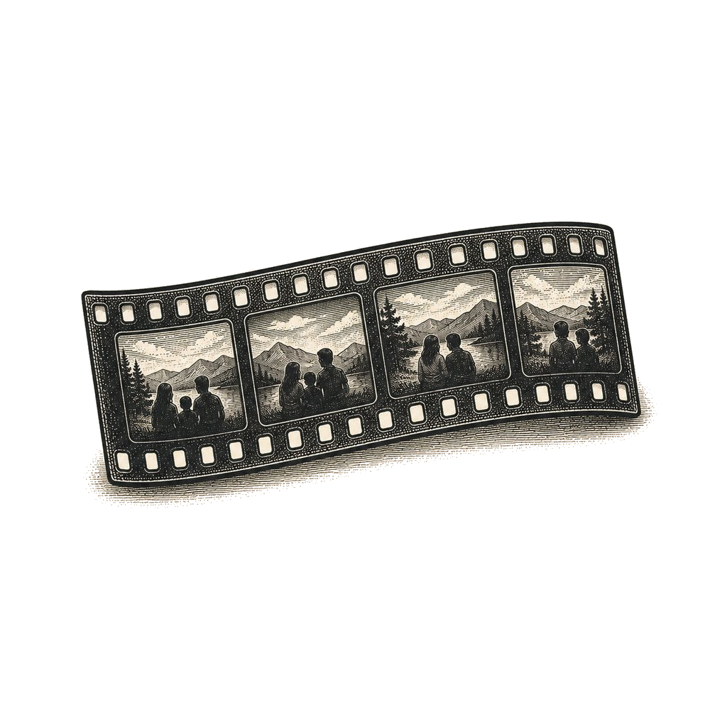 A woodcut-style illustration of a strip of 35mm film negatives