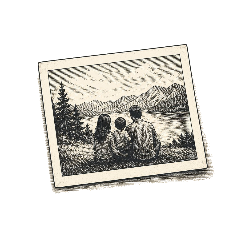 A woodcut-style illustration of a family sitting together looking out over a lake