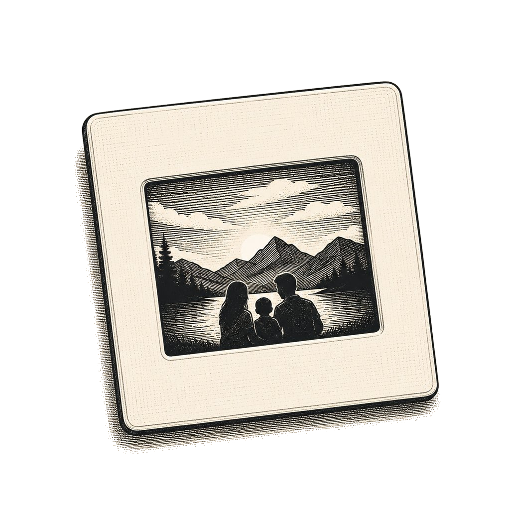 A woodcut-style illustration of a 35mm slide in a cardboard mount
